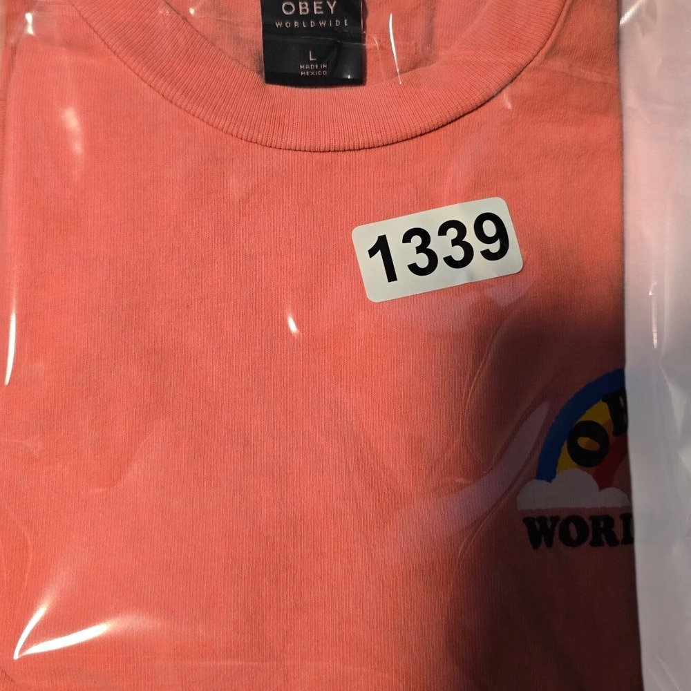Obey Worldwide Graphic Boxy Cropped T-Shirt Pink Rainbow Look Dont Touch Large - Picture 9 of 9